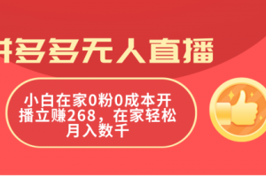 拼多多无人直播，小白在家0粉0成本开播立赚268