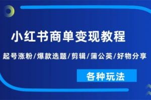 小红书商单变现教程：起号涨粉/爆款选题/剪辑/蒲公英/好物分享/各种玩法