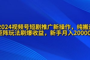 2024视频号短剧推广新操作 纯搬运+矩阵连爆打法刷爆流量分成 小白月入20000