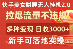 快手美女哄睡无人2.0，拉爆流量不违规，多种变现途径，日收3000+