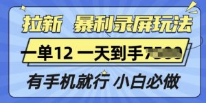 拉新暴利录屏玩法：一单12块，手机操作，小白必做项目