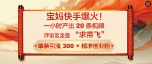 宝妈快手爆火，一小时产出 20 条视频，评论区全是 “求带飞”，单条引流 300 + 精准创业粉