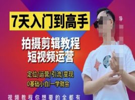 7天入门到大神，短视频剪辑运营高手课，精准定位 经营 引|流 转现，0基本新手一学就会