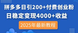 拼多多平台日引200 付钱自主创业粉，日平稳转现4000 盈利，2025年全新实例教程