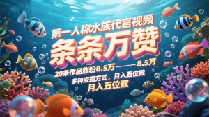 第一人称水族用品品牌代言短视频，一条条万赞，20条著作增粉8.5万，多种多样变现模式月，入五位数