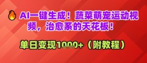 AI一键生成！蔬菜萌宠运动视频，治愈系的天花板！单日变现多张