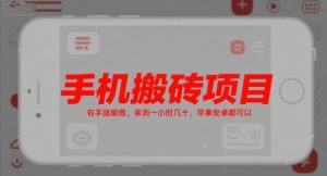 手机搬砖项目，有手就能做，亲测一小时几十，苹果安卓都可以