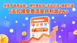 拼多多电商运营：微付费起店+活动引流+爆款打造 7天拉爆免费流量月利润2w+