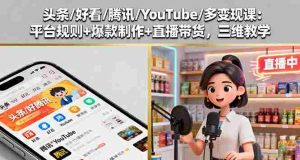 头条/好看/腾讯/YouTube/多变现课：平台规则+爆款制作+直播带货，三维教学